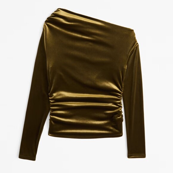 Abercrombie Green Velvet Long Sleeve Off the Shoulder Draped Top - Picture 1 of 3